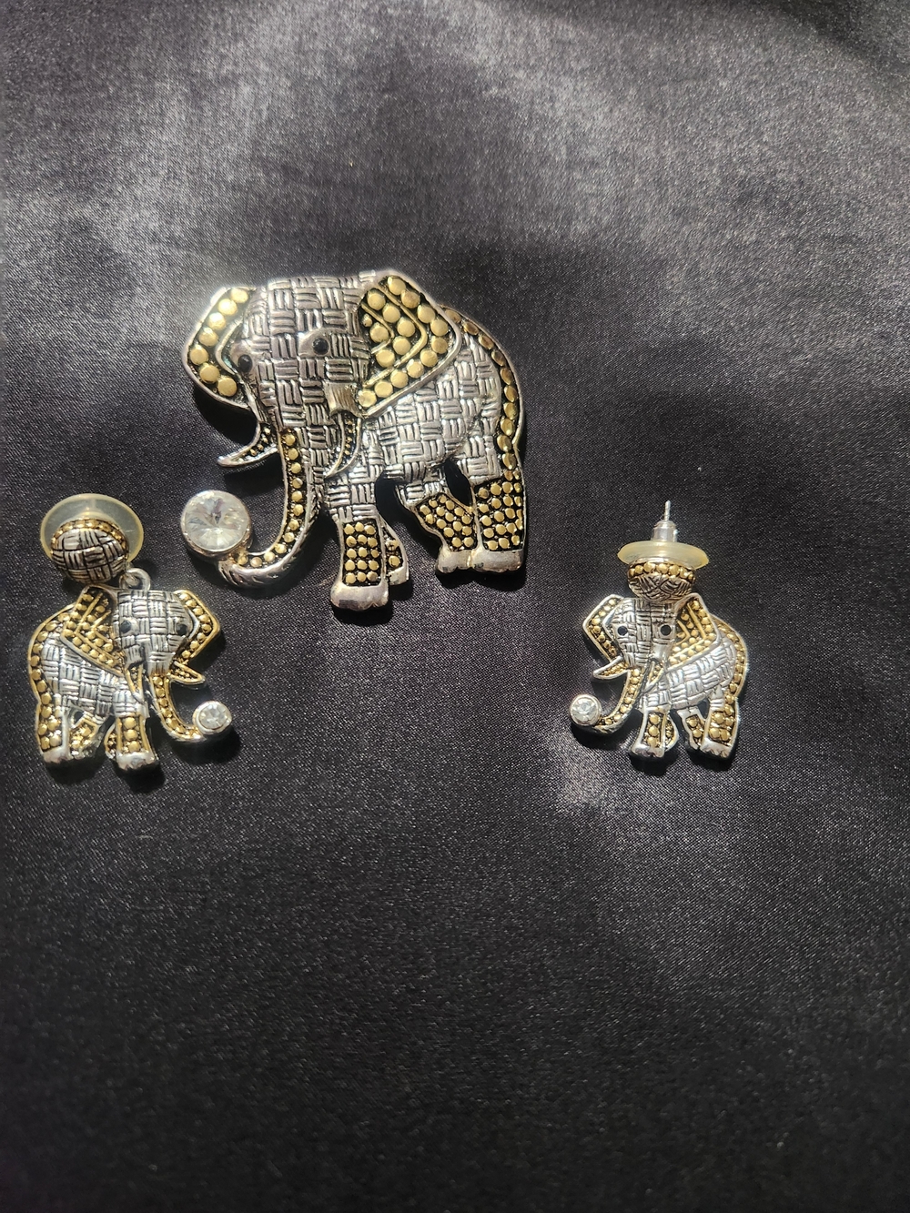 Vintage Two Tone Elephant Pendant/ Brooch & Earrings Set Good Luck Trunk Up